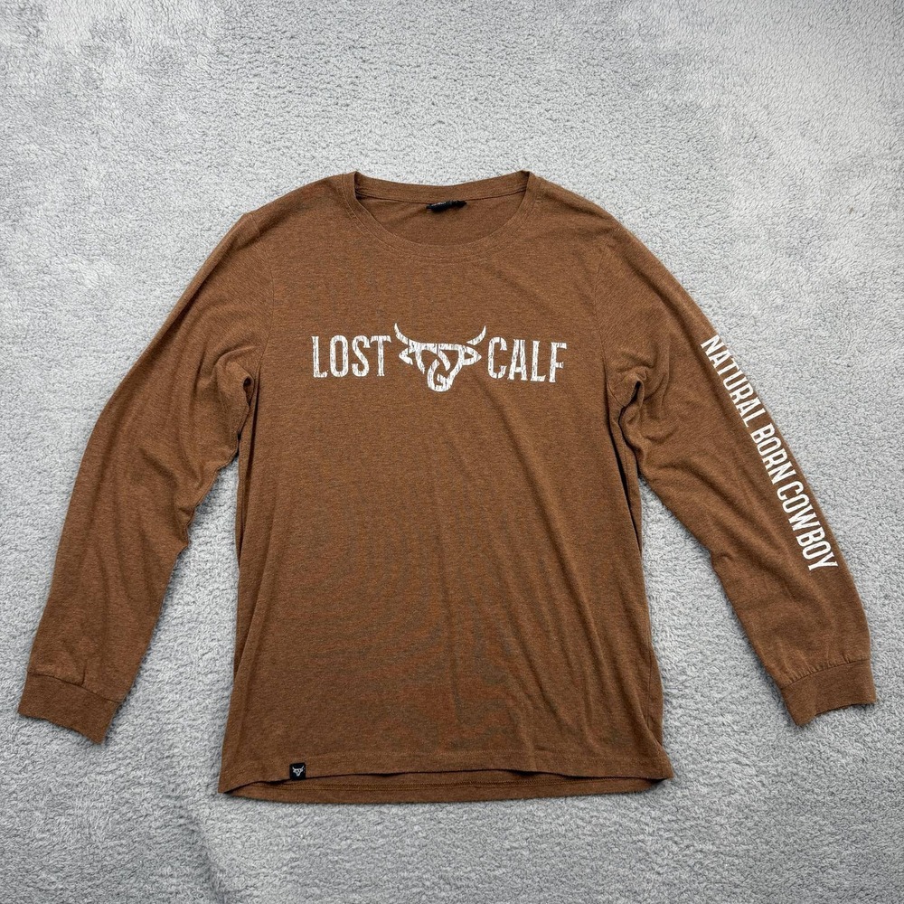 Lost Calf Long Sleeve Shirt Mens M Brown Graphic Natural Born Cowboy Excellent